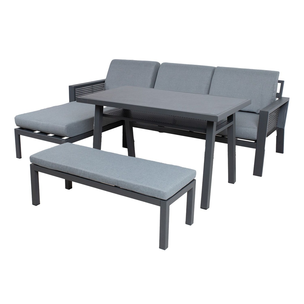 Puutarharyhmä DELGADO kulmasohva, pöytä + penkki, vaaleanharmaa/grafiitti