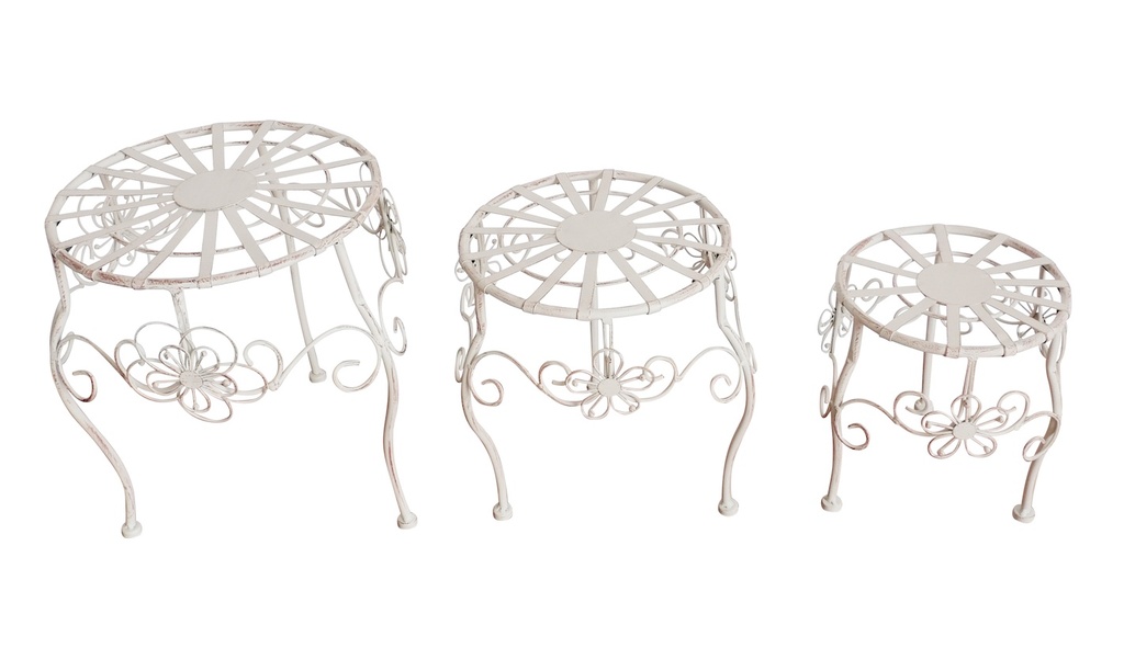 Chic Garden Metallinen Kukkapöytä pyöreä 3kpl setti, valkoinen